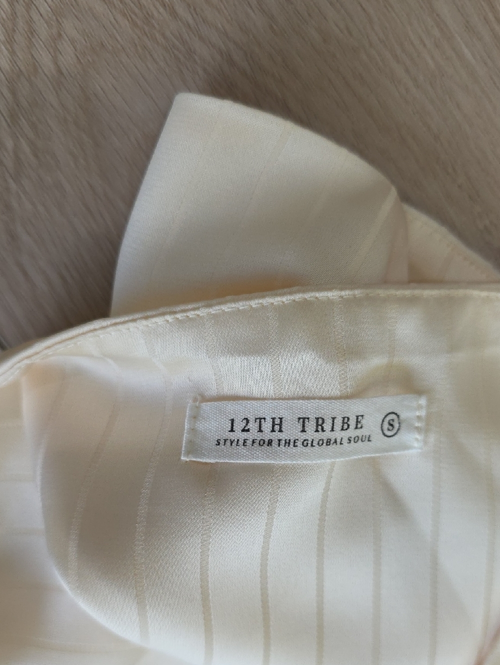 12th Tribe Dorothy Cream Pinstripe Satin Halter Button-Front Top - Picture 10 of 12